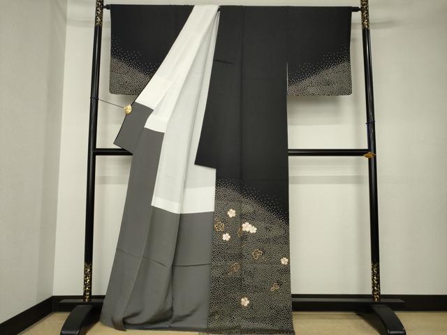 平和屋着物●ファッションデザイナー 花井幸子 訪問着 駒刺繍 舞桜 黒地 正絹 逸品 AABK3396ck