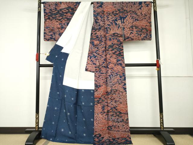 平和屋本店●十七代京屋林蔵 訪問着 総手描き 草木染 さめ小袖 松竹梅風景文 共箱付き 正絹 逸品 AABK3404cs