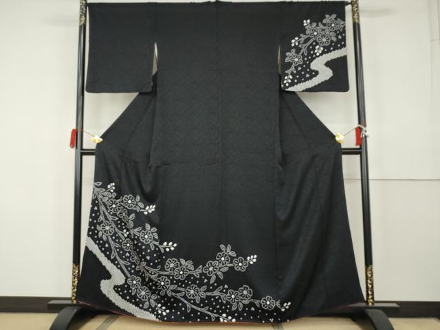 平和屋着物●訪問着 総絞り 流水枝花文 黒地 正絹 逸品 AABK3405cs