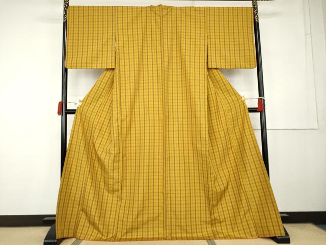 平和屋着物●黄八丈 紬 平織 格子 正絹 逸品 AABK3415cs