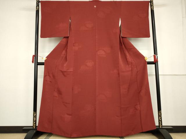 平和屋着物●上質な色無地 籬草木地紋 臙脂色 正絹 逸品 AABK3435cs