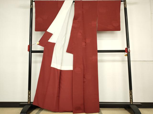 平和屋着物●上質な色無地 籬草木地紋 臙脂色 正絹 逸品 AABK3435cs