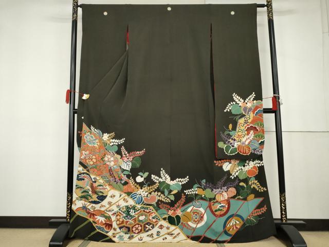 平和屋本店●アンティーク 大正ロマン 振袖 鳳凰吉祥草花文 黒地 金彩 正絹 逸品 AABK3444cs