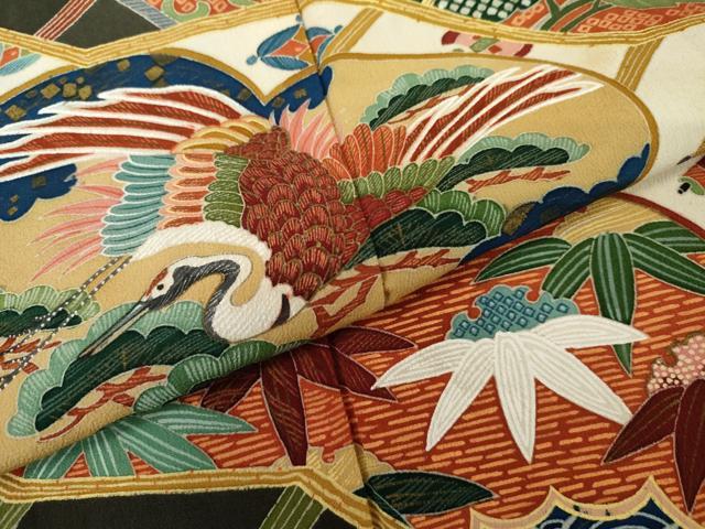 平和屋本店●アンティーク 大正ロマン 振袖 鳳凰吉祥草花文 黒地 金彩 正絹 逸品 AABK3444cs