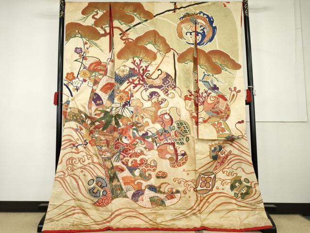平和屋本店●アンティーク 大正ロマン お引きずり・お引き摺り・引き振袖 駒刺繍 立波飛鶴宝尽くし 金銀彩 正絹 逸品 AABK3445cs