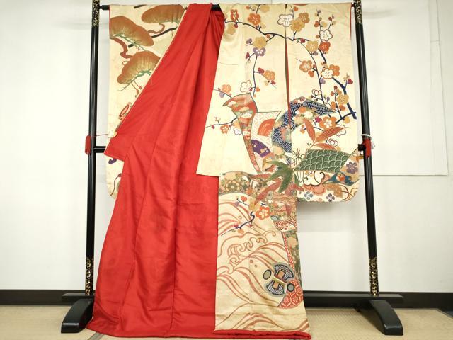 平和屋本店●アンティーク 大正ロマン お引きずり・お引き摺り・引き振袖 駒刺繍 立波飛鶴宝尽くし 金銀彩 正絹 逸品 AABK3445cs