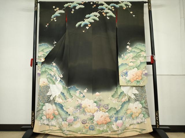 平和屋本店●アンティーク 大正ロマン 振袖 刺繍 孔雀草花文 暈し染め 黒地 正絹 逸品 AABK3446cs