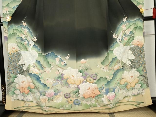 平和屋本店●アンティーク 大正ロマン 振袖 刺繍 孔雀草花文 暈し染め 黒地 正絹 逸品 AABK3446cs