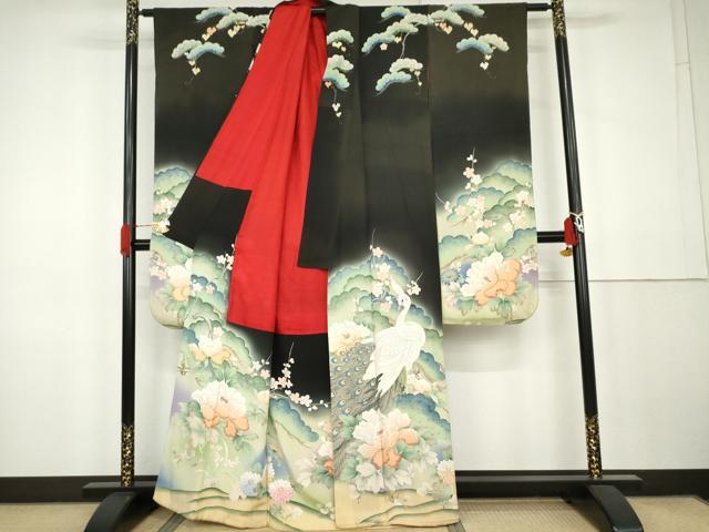 平和屋本店●アンティーク 大正ロマン 振袖 刺繍 孔雀草花文 暈し染め 黒地 正絹 逸品 AABK3446cs