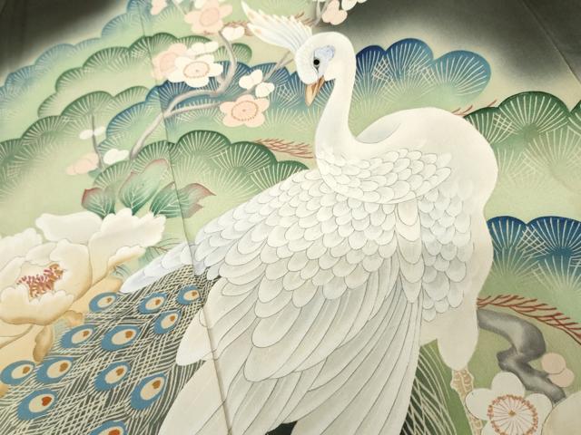 平和屋本店●アンティーク 大正ロマン 振袖 刺繍 孔雀草花文 暈し染め 黒地 正絹 逸品 AABK3446cs