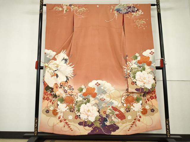 平和屋本店●アンティーク 大正ロマン 振袖 駒刺繍 飛鶴草花文 暈し染め 金糸 金彩 正絹 逸品 AABK3447cs