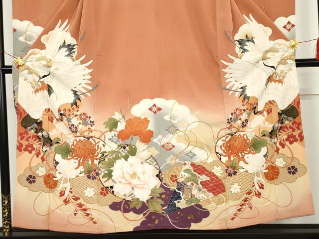 平和屋本店●アンティーク 大正ロマン 振袖 駒刺繍 飛鶴草花文 暈し染め 金糸 金彩 正絹 逸品 AABK3447cs