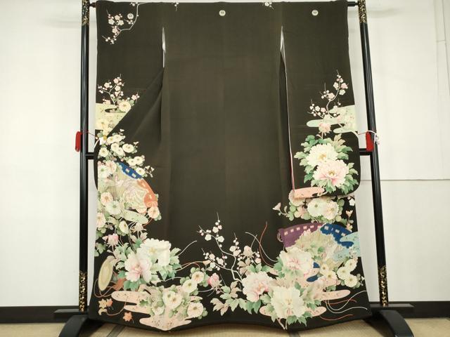 平和屋本店●アンティーク 大正ロマン 振袖 刺繍 檜扇鳳凰草花文 黒地 金彩 正絹 逸品 AABK3448cs