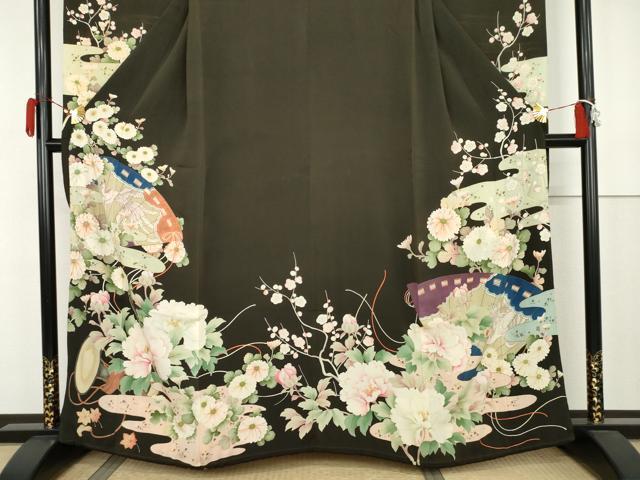平和屋本店●アンティーク 大正ロマン 振袖 刺繍 檜扇鳳凰草花文 黒地 金彩 正絹 逸品 AABK3448cs