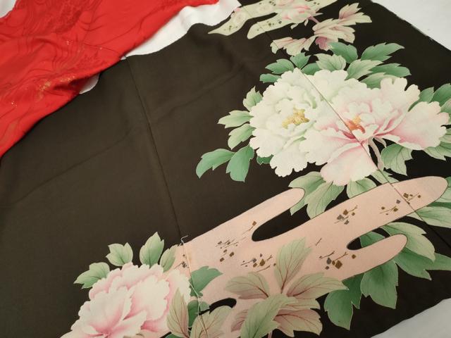 平和屋本店●アンティーク 大正ロマン 振袖 刺繍 檜扇鳳凰草花文 黒地 金彩 正絹 逸品 AABK3448cs