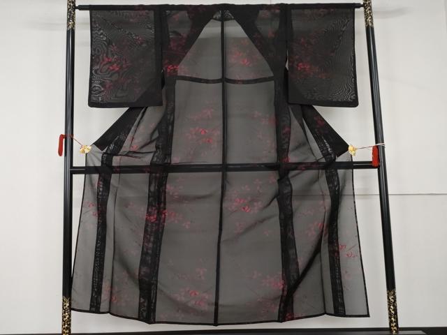 平和屋着物*夏物 小紋 風通紗 枝葉文 黒地 正絹 逸品 未使用 AABK3474cs