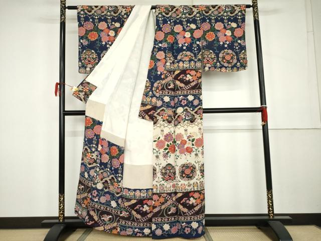 平和屋着物●訪問着 鳳凰草花文 金彩 鬼しぼ縮緬 正絹 逸品 AABK3519cs