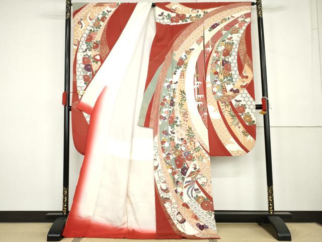 平和屋着物●豪華振袖 束ね熨斗鳳凰花文 金彩 ロング丈 正絹 逸品 AABK3526cs