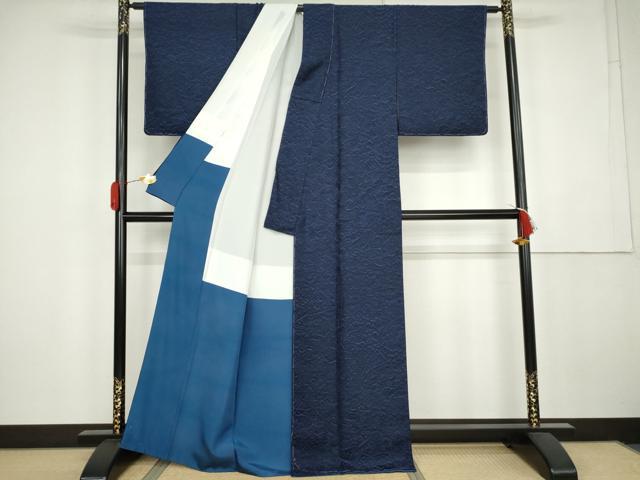 平和屋着物●上質な小紋 お召 藍 草花文 正絹 逸品 未使用 AABK3558cs