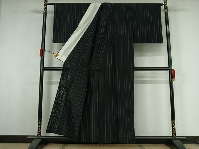 平和屋着物▽上質な小紋 単衣 捩り織 草葉文 黒地 正絹 逸品 AABK3566jh