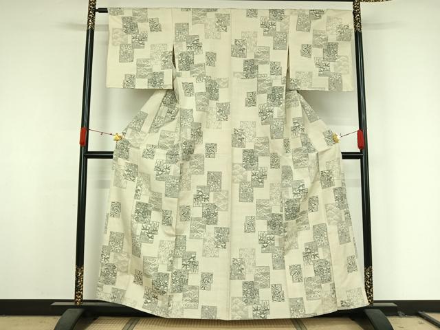 平和屋着物▽上質な紬 単衣 色紙花文 正絹 逸品 AABK3573jh
