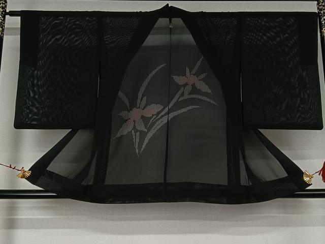 平和屋着物▽羽織 スリーシーズン 春夏秋 塵除け 草花文 黒地 正絹 逸品 AABK3585jh