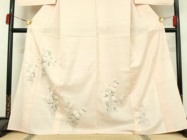 平和屋着物▽訪問着 単衣 紬地 手描き 草花文 金彩 正絹 逸品 AABK3596jh