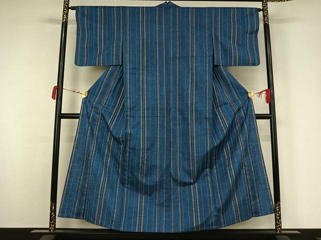 平和屋着物▽上質な紬 単衣 刺繍 刺子 縞 正絹 逸品 AABK3606jh