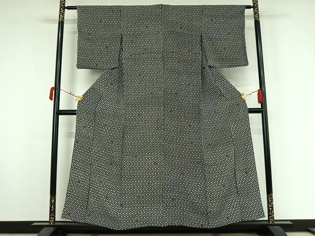 平和屋着物▽上質な小紋 単衣 刺繍 亀甲花文 黒地 正絹 逸品 AABK3610jh