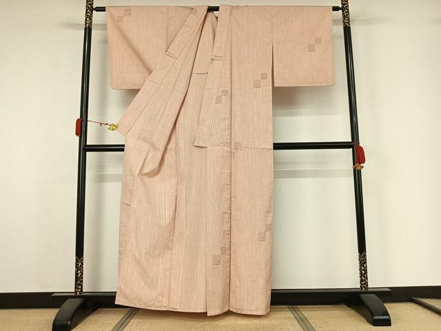 平和屋着物▽上質な紬 単衣 草花文 木版染 正絹 逸品 AABK3615jh