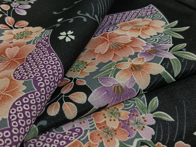 平和屋着物▽小紋 単衣 地紙花文 黒地 洗える着物 AABK3626jh