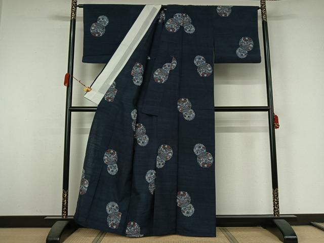 平和屋着物▽上質な紬 単衣 雪輪風景花文 正絹 逸品 AABK3631jh