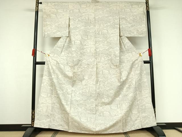 平和屋着物▽上質な紬 単衣 風景文 正絹 逸品 AABK3632jh