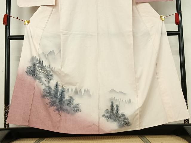 平和屋着物▽訪問着 単衣 紬地 手描き 風景樹林文 暈し染め 正絹 逸品 AABK3633jh