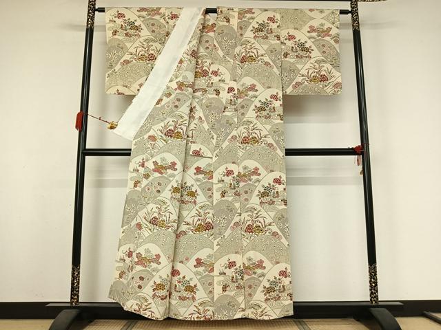 平和屋着物▽上質な小紋 単衣 流水鴛鴦花文 鬼しぼ縮緬 正絹 逸品 AABK3641jh