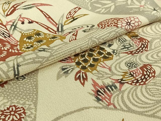 平和屋着物▽上質な小紋 単衣 流水鴛鴦花文 鬼しぼ縮緬 正絹 逸品 AABK3641jh