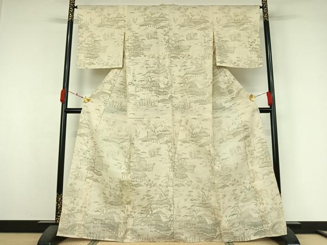 平和屋着物▽染織の名門 しょうざん 生紬 単衣 風景松竹梅文 正絹 逸品 AABK3643jh