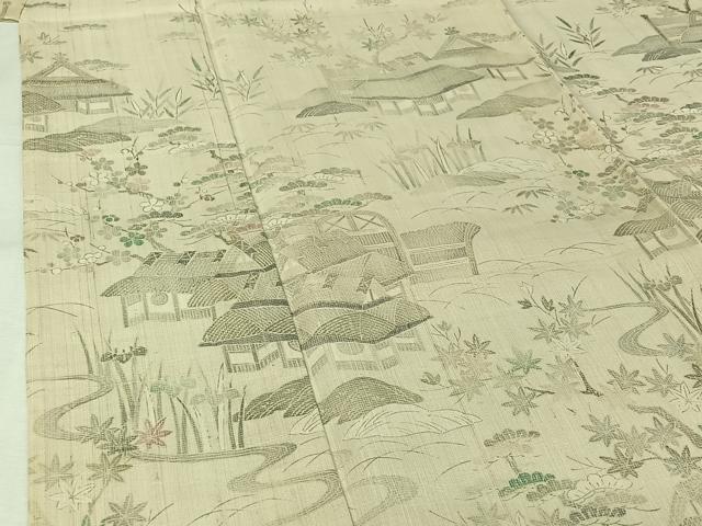 平和屋着物▽染織の名門 しょうざん 生紬 単衣 風景松竹梅文 正絹 逸品 AABK3643jh