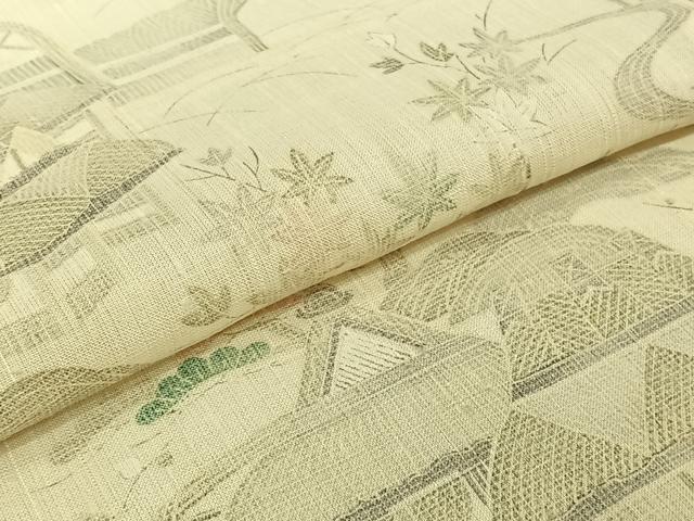 平和屋着物▽染織の名門 しょうざん 生紬 単衣 風景松竹梅文 正絹 逸品 AABK3643jh