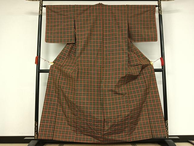 平和屋着物▽上質な紬 単衣 格子 正絹 逸品 未使用 AABK3646jh