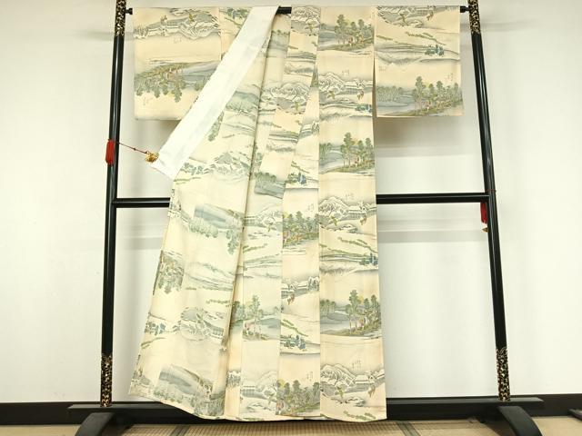 平和屋着物▽上質な小紋 単衣 東海道五拾三次 正絹 逸品 AABK3661jh