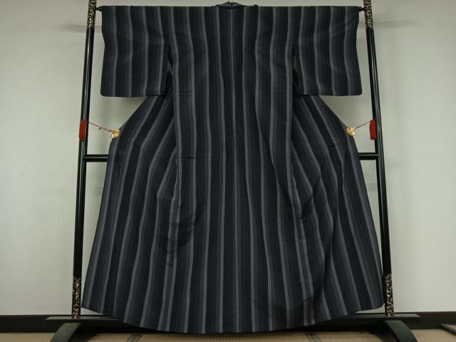 平和屋着物▽本塩沢 単衣 縞 正絹 逸品 AABK3665jh