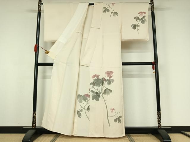 平和屋着物▽訪問着 単衣 草葉文 正絹 逸品 AABK3670jh