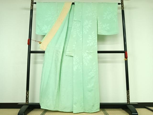 平和屋着物▽上質な色無地 単衣 草葉地紋 白緑色 正絹 逸品 AABK3678jh