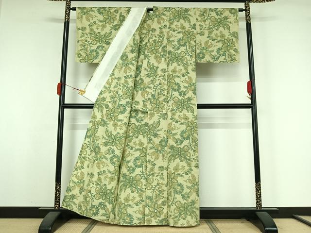 平和屋着物▽上質な紬 単衣 草花文 正絹 逸品 AABK3699jh