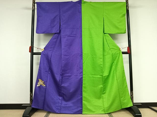 平和屋着物▽片身替わり 色無地 単衣 紅桔梗色 鶸萌黄色 ワンポイント 洗える着物 AABK3704jh