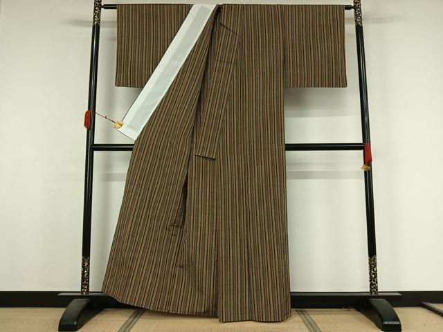 平和屋着物▽上質な紬 単衣 縞 正絹 逸品 AABK3706jh