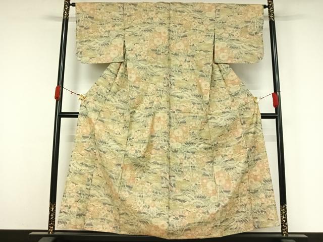 平和屋着物▽上質な紬 単衣 扇面花文 正絹 逸品 AABK3711jh