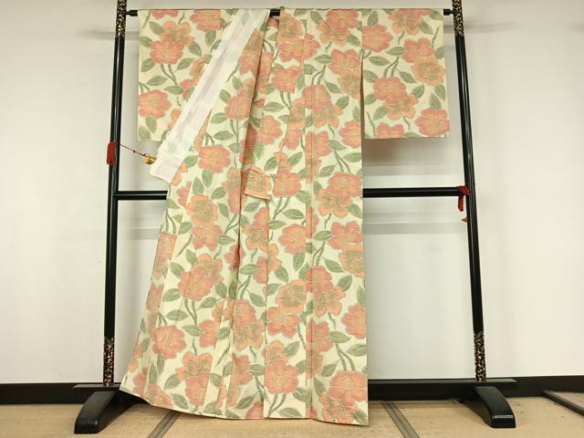 平和屋着物▽上質な紬 単衣 草花文 正絹 逸品 AABK3714jh