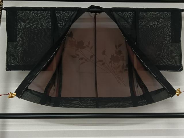 平和屋着物▽羽織 スリーシーズン 春夏秋 塵除け 草花文 黒地 正絹 逸品 未使用 AABK3720jh